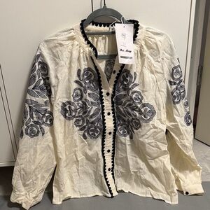 Rui Meng Embroidered Boho Blouse Cream Navy Long Sleeve